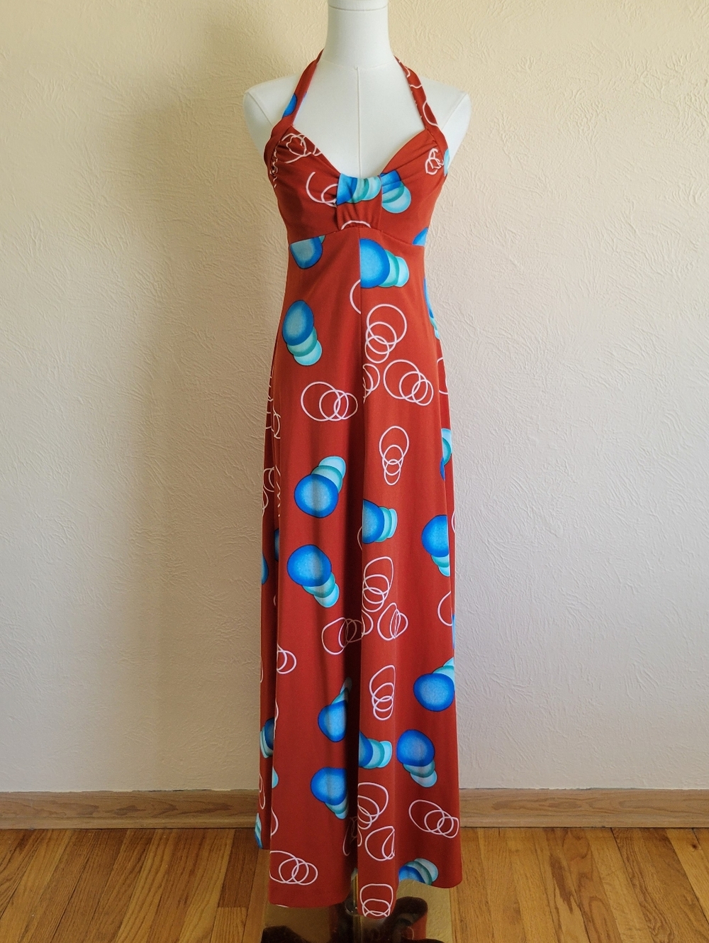 70s 8Vintage Funky Print Halter Maxi Dress